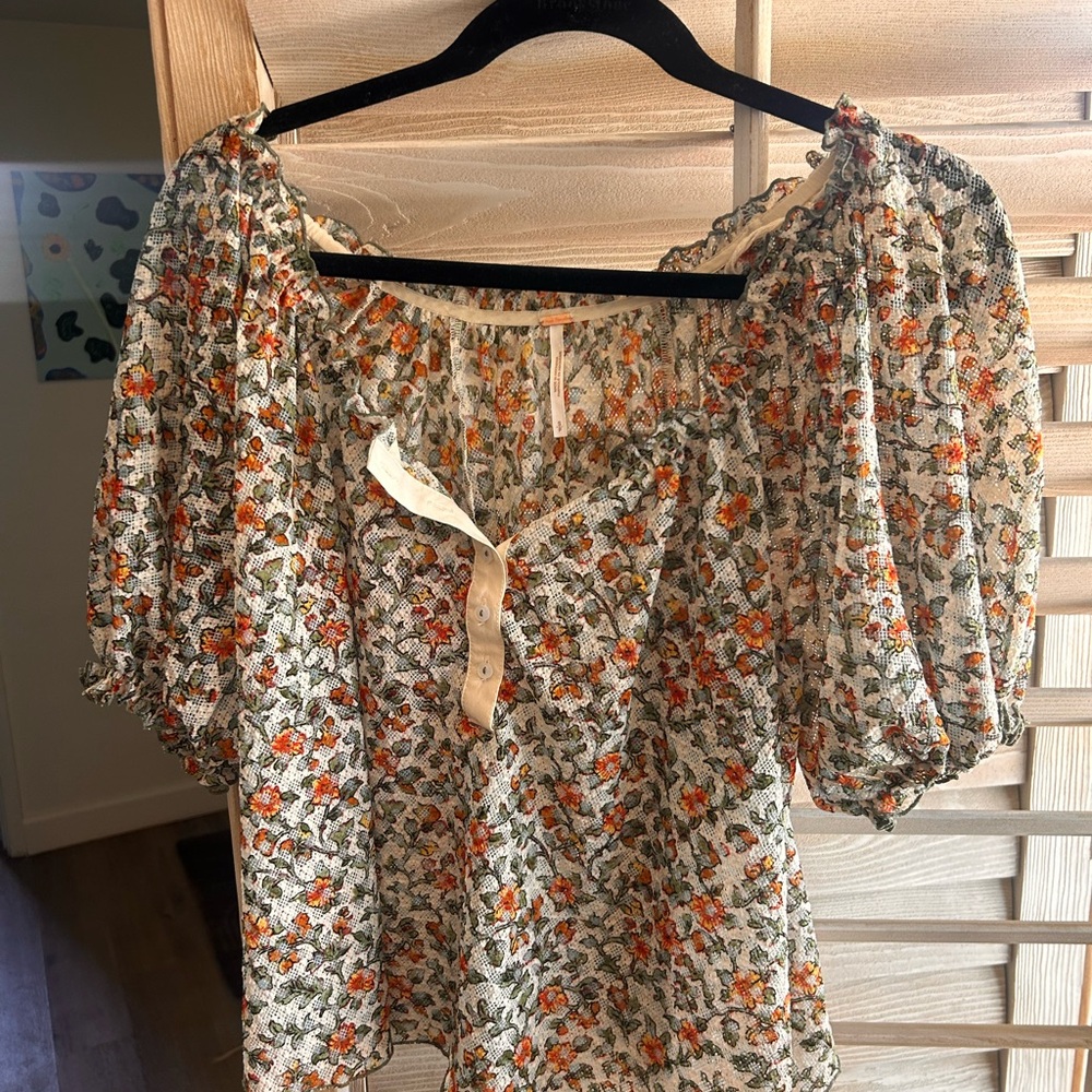 Free People Floral Blouse with Orange and Green